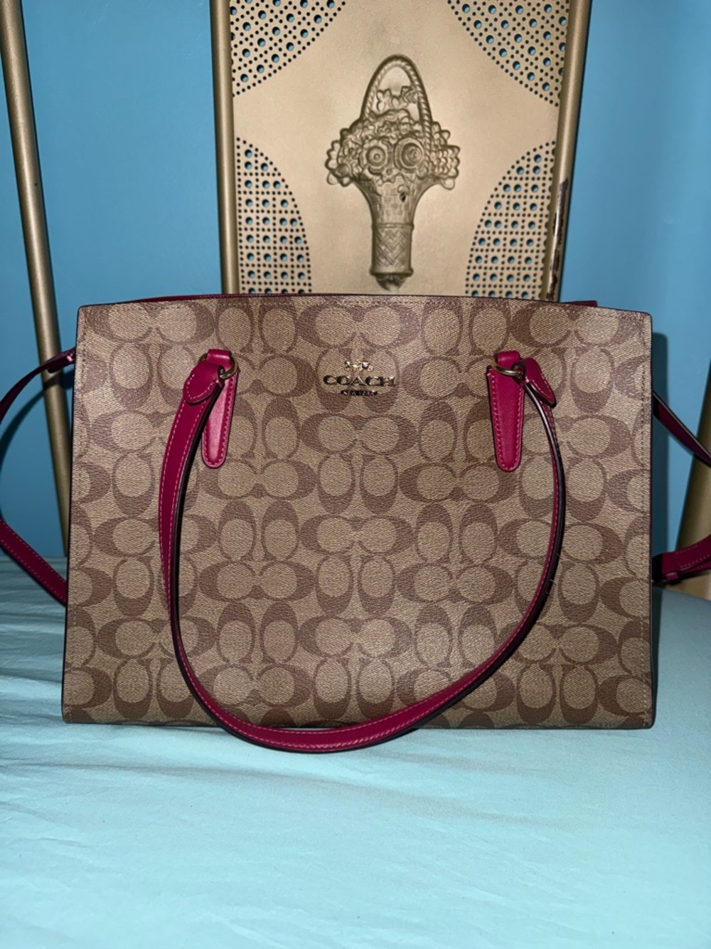 Coach Brown Signature Canvas Tote with Magenta Trim
